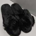 Comwarm Women's Cross Band Fuzzy Slippers Fluffy Open Toe House Slippers Cozy Plush Bedroom Shoes Indoor Outdoor (8.5-9.5, Black)