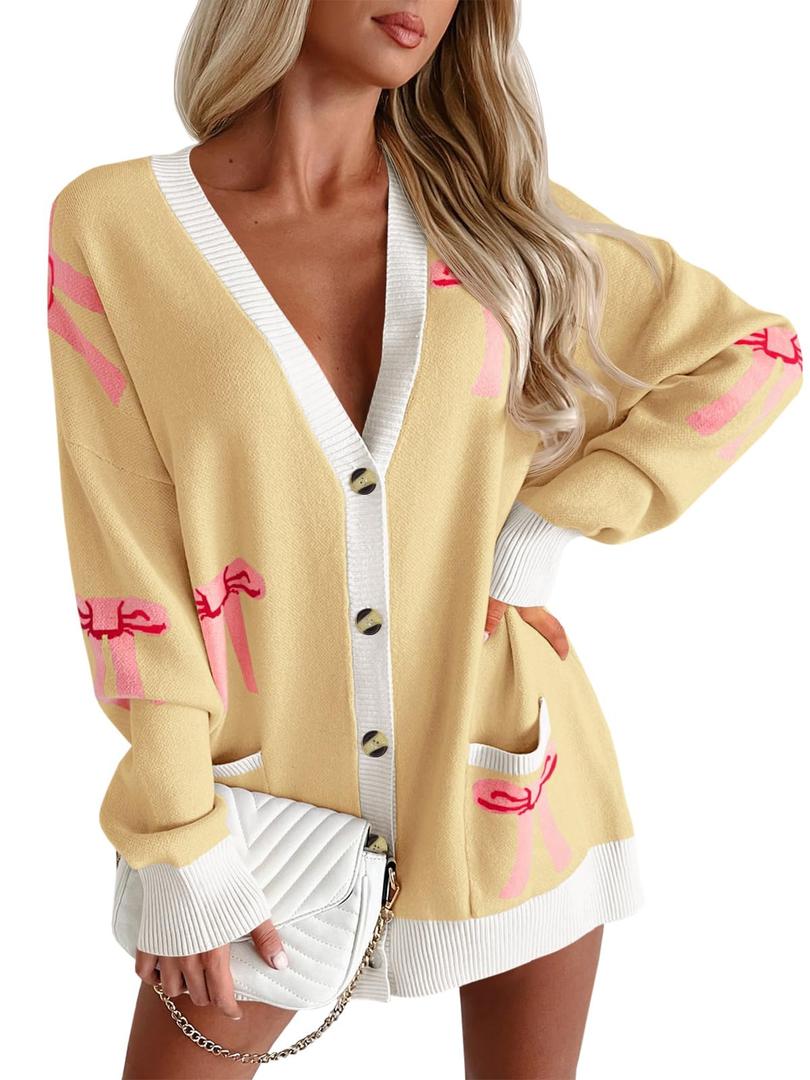 Saodimallsu Womens Oversized Cardigan Sweaters Bow Printed Button V Neck Long Sleeve Loose Knit Fall Trendy Coats Yellow (Yellow)