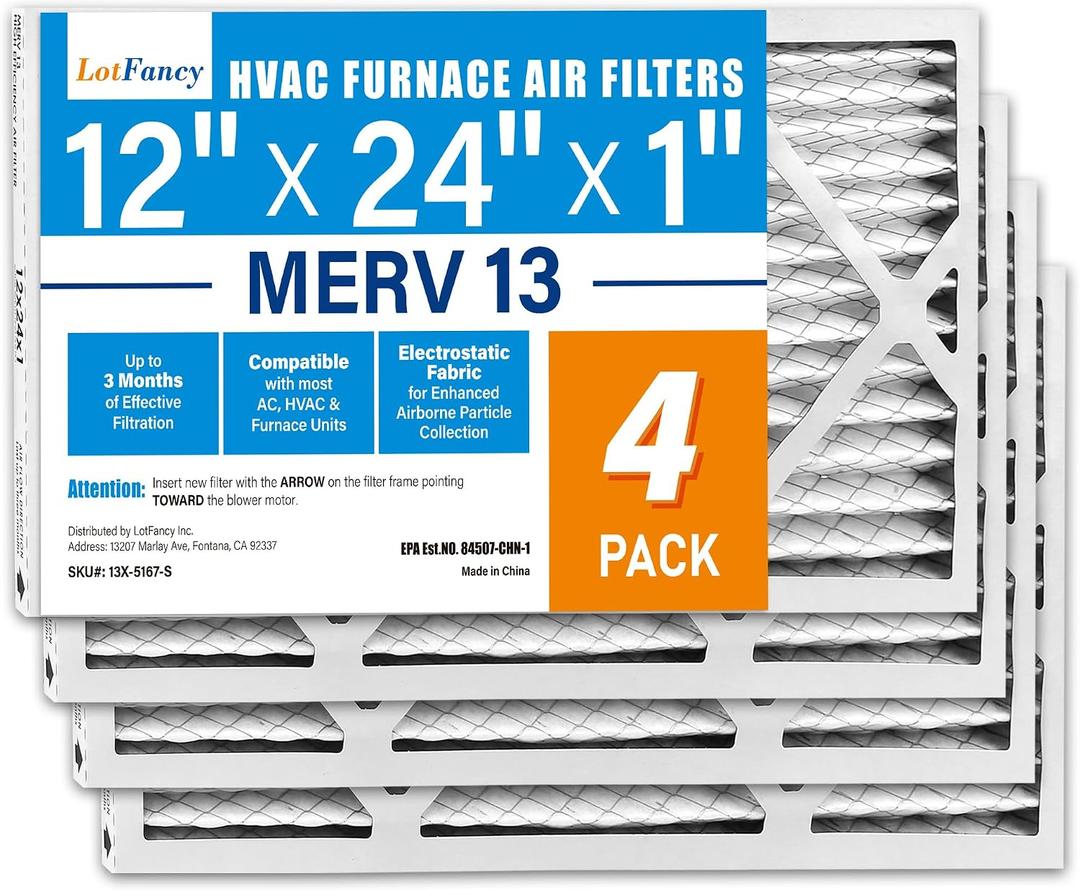 LotFancy 12x24x1 Air Filter MERV 13 4-Pack, Actual Size: 11.75"x23.75"x0.75", Electrostatic Pleated HVAC Furnace Air Filter, Captures Pet Dander Smog Smoke