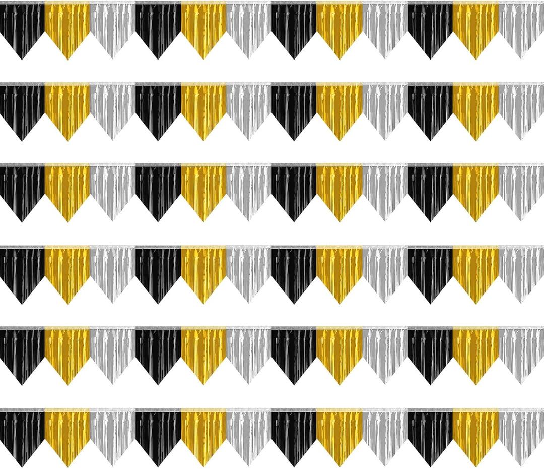 6p Banner Metallic Foil Fringe Wall Hanging Tinsel Fringe Banners backdrop for Parade Floats Garland Wedding Parties Graduation New Year Retirement Anniversary Party Decorations(Black Gold Silver)