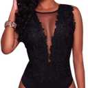 RARITYUS Women Sexy Lace Bodysuit Jumpsuit See Through Mesh Sleeveless/Long Sleeve Tops Swimsuit for Party Outfit (Large, A Black Backless)