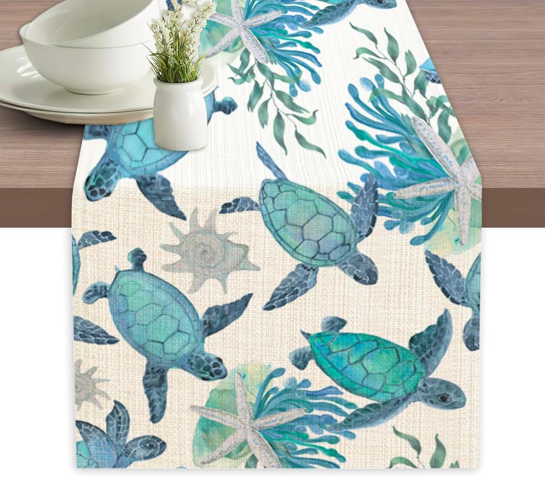 Sea Turtle Starfish Coral Table Runner Linen Long Farmhouse Rustic TableRunner for Party Holiday Dining Room /Kitchen,13 x 70 Inches