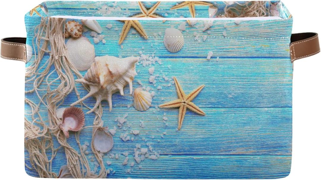 Summer Beach Wooden Starfish Storage Basket Bins, Ocean Nautical Decorative Baskets Storage Box Collapsible Storage Cubes Organizer with Handles for Nursery Shelf Closet Office Home Bedroom,1