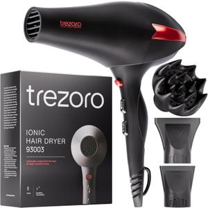 TREZORO Professional Blow Dryer  Ionic Hair Dryer 2000W with Diffuser for Salon & Personal Use  Powerful, Fast & Quiet Drying for Curly Hair, Unwanted Frizz  Design for Travel  8.2ft Cord (Jet Black Diffuser)