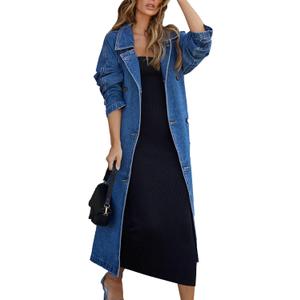 Women's Vintage Notched Collar Double Breasted Plus Size Loose Over Knee Denim Jacket Trench Coat with Belt (Blue, S)