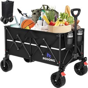 ROSONG Collapsible Wagon Cart with Wheels Foldable - Folding Utility Heavy Duty Wagons Carts for Grocery Sports Garden Shopping Camping Wheelbarrows (Black, 150L)