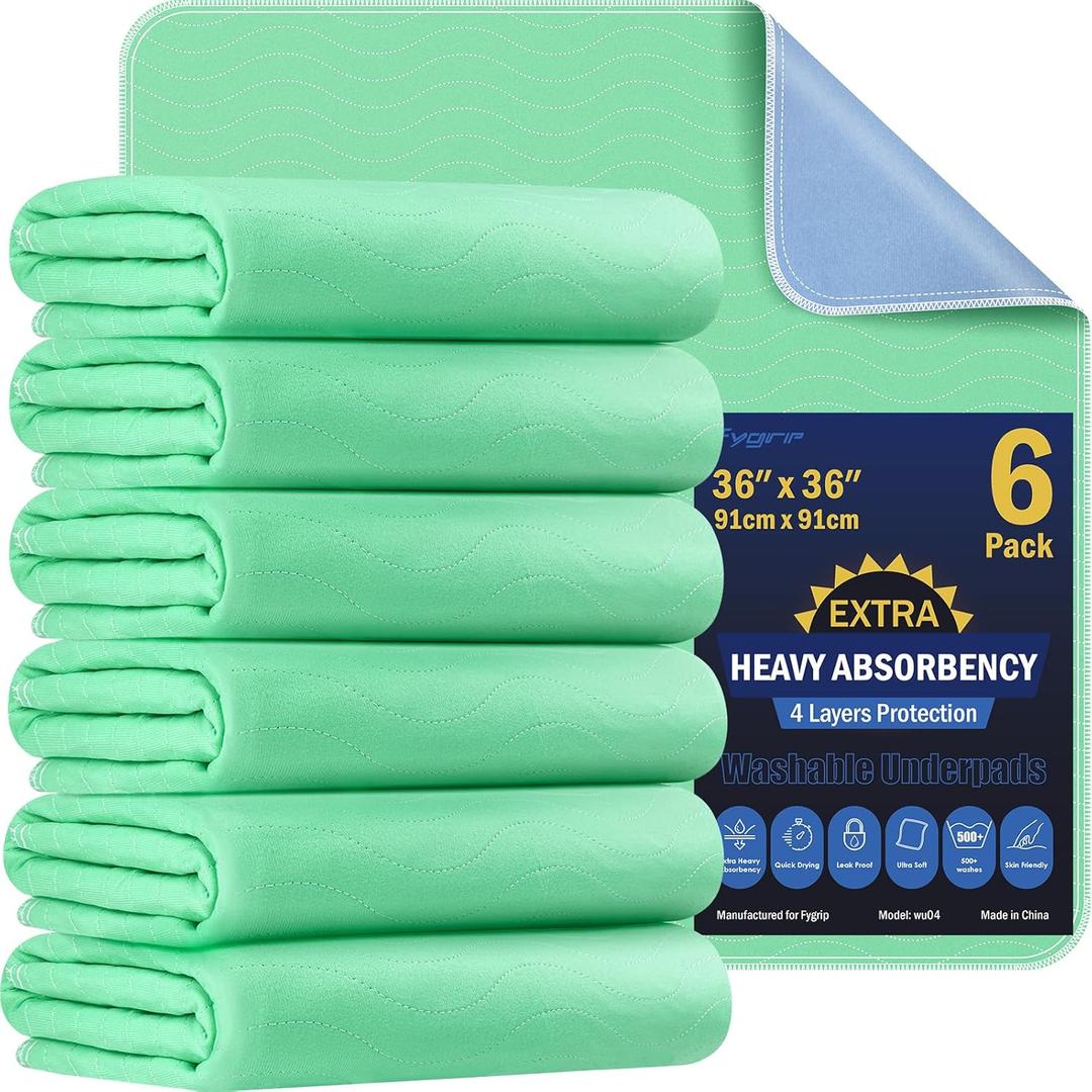 6 Pack 36 x 36 Extra Heavy Absorbency Washable Underpads, Waterproof Quick Drying Nursing Pads Incontinence Bed Pads, Reusable Washable Pee Pads for Dogs, Diaper Changing & Adults