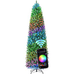 HOLLO STAR 7.5 ft Prelit Christmas Tree with 351 LED Lights, App Control, Artificial Pencil Christmas Tree with Multi-Color RGBW Lights, 1053 Branch Tips, Skinny, Metal Base, for Home, Party