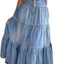 yoeasy Women's High Waist Denim Maxi Skirt Button Boho Flowy Pleated Tiered Ruffle Swing A-Line Jean Long Skirt (X-Large, Blue)