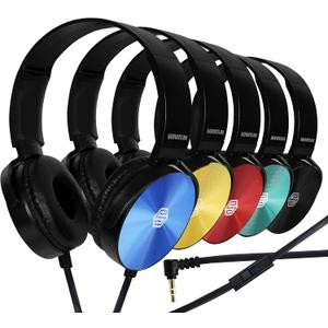 Classroom Headphones-Bulk 25-Pack, with Microphone Student On Ear Comfy Swivel Earphones for Library, School, Airplane, Kids-for Online Learning and Travel, HQ Stereo Sound 3.5mm Jack (Colored Set)