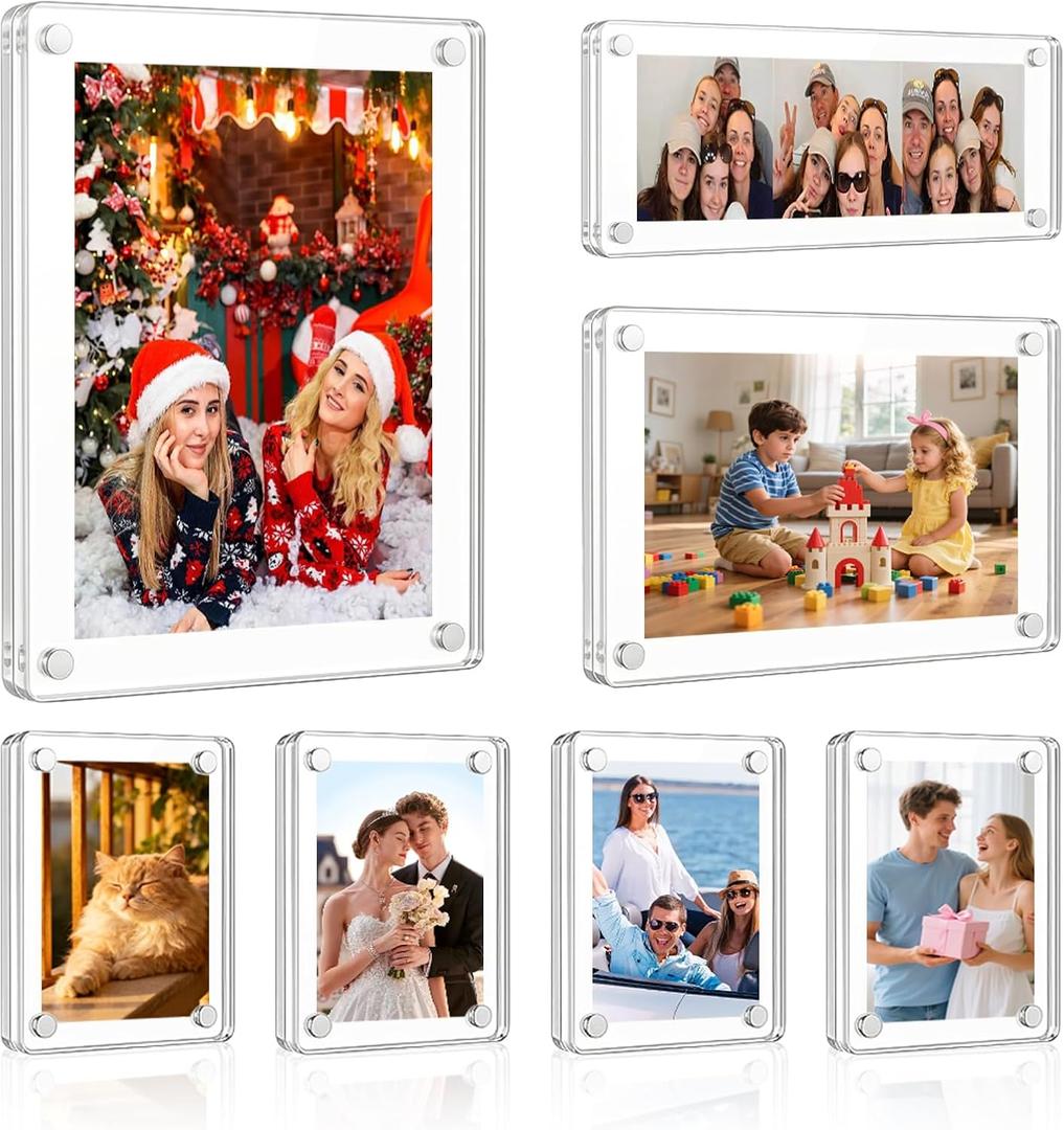 Multi Size 7 Pack Acrylic Magnetic Picture Frames for Refrigerator | Clear Double-Sided Acrylic Fridge Frame with 2.36x3.54, 2x6, 4x6, 5x7 inch size for Kitchen, Office and Gifts