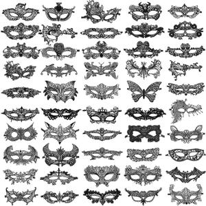 50 Pcs Lace Mask Masquerade Venetian Eyemask Halloween Woman Lace Mask for Halloween Masquerade Carnival Party Costume Ball (Black)