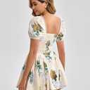 Parthea Women's Floral Square Neck Mini Dress Lace Puff Sleeve Off Shoulder Smocked Flowy A Line Summer Dresses for 2025, Large