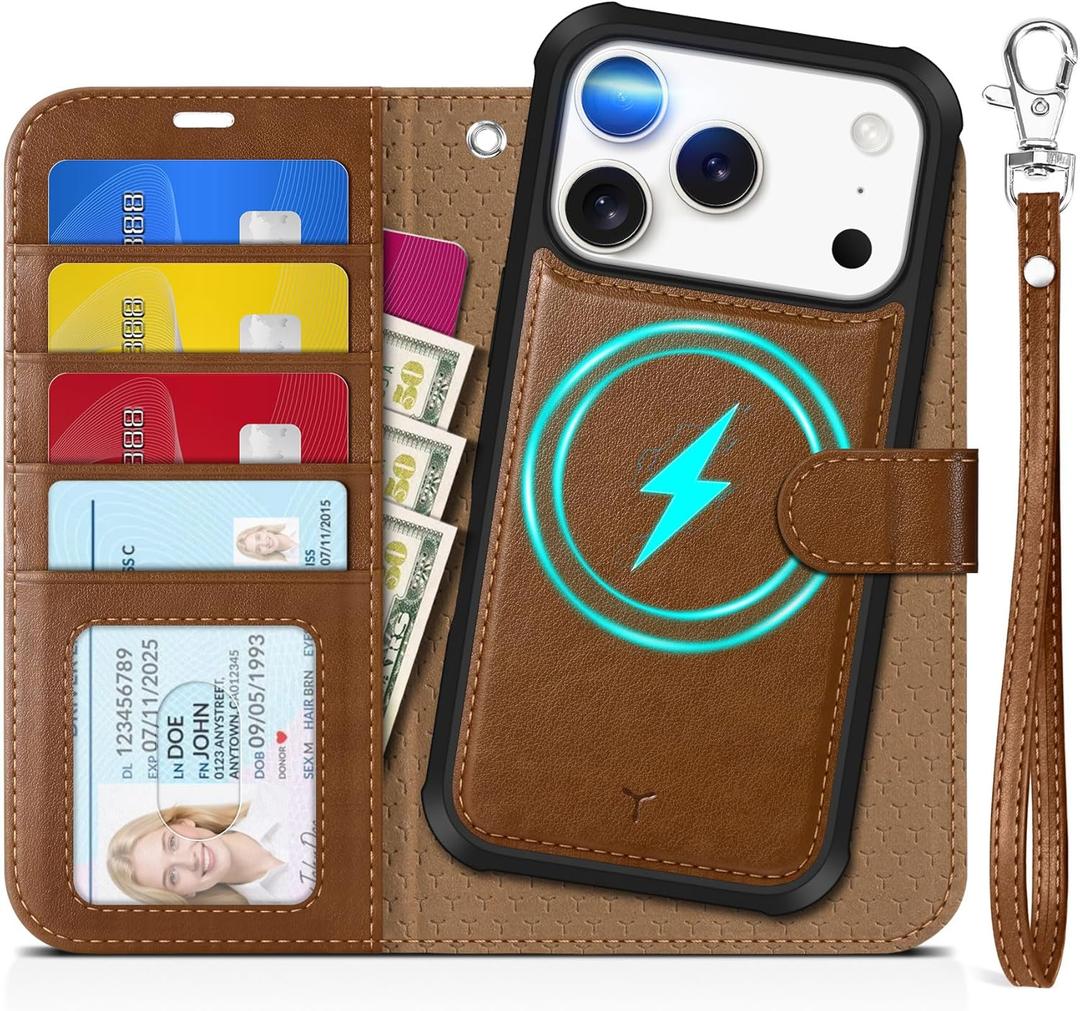 TUCCH Detachable Case Wallet for iPhone 17 Pro (6.3") 2025, Wrist Strap, 4 Card Holders RFID Blocking, Wireless Charging, Stand, 2-in-1 Magnetic, PU Leather, Shockproof Folio Cover, Brown