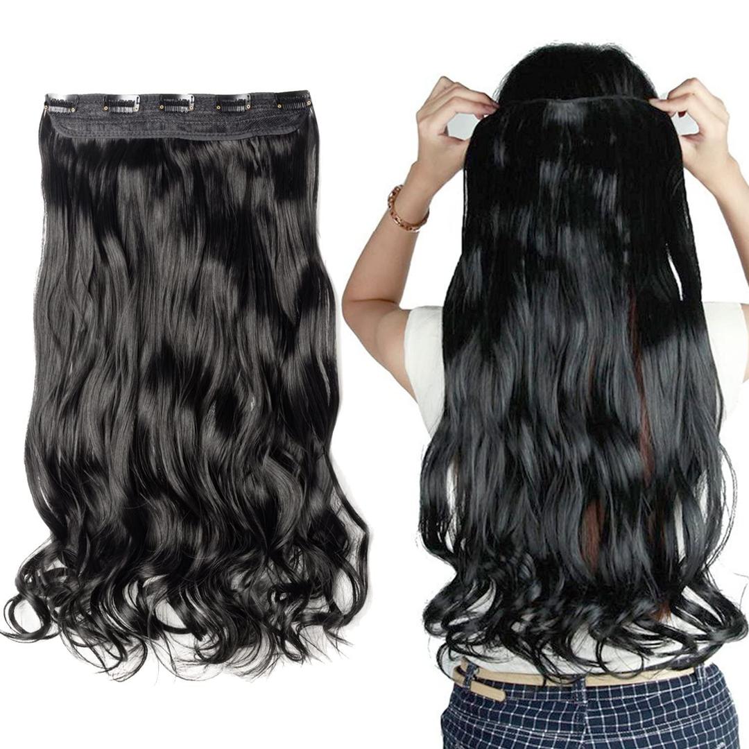 S-noilite 1PCS 5 Clips in Hair Extensions Dark Black Curly Hair Extension Full Head Natural Balayage Wavy Hairpieces for Women,24 Inch,Dark Black