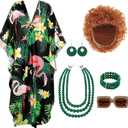 Maiteenly 6 Pcs Carnival Landlady Women Costume Curly Wig Print Caftan Dresses Jewelry Set and Sunglass for Cosplay Party