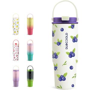 DLOCCOLD 30 oz Stainless Steel Tumbler with Straw & Handle, Insulated Double Walled Water Bottle for Home, Office, Car, Leak Proof, Reusable Cup with Flip Straw for Women Men, Blueberry