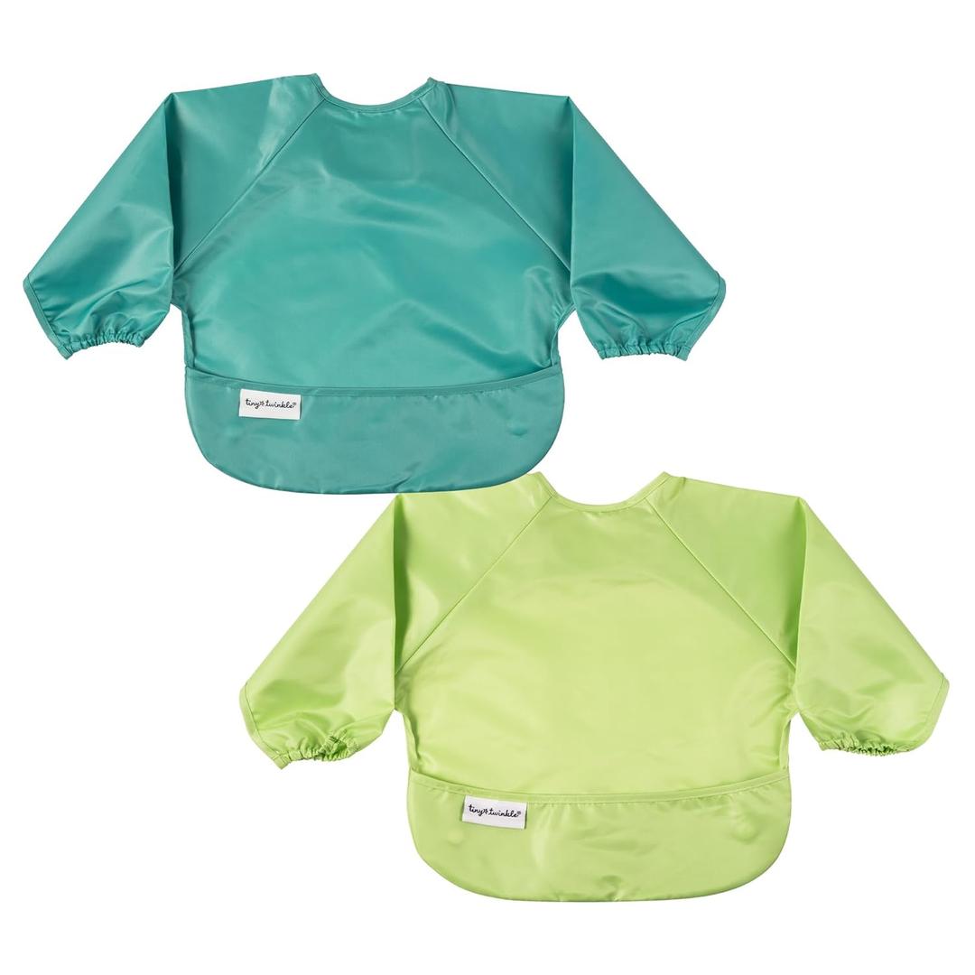 Tiny Twinkle Long Sleeve Bib for Babies & Toddlers | 2-Pack Waterproof Smock Bib for Eating | Machine Washable & Mess-Proof Feeding Essentials | Newborn Shower Gift (Rainforest,624M)