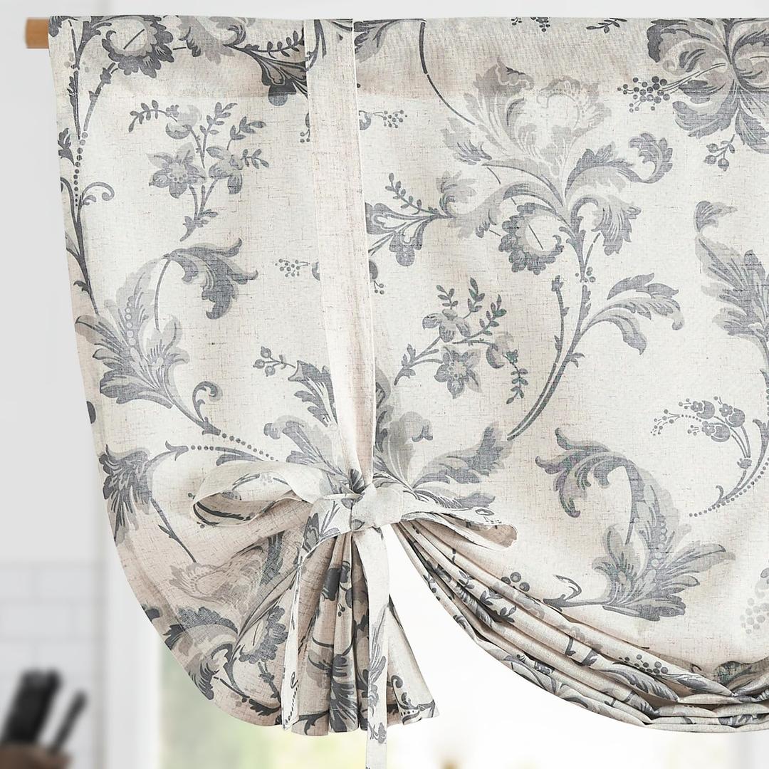 jinchan Tie Up Valance Curtain Floral Linen Gray for Windows Farmhouse 45 Inch Damask Printed Short Window Treatment Adjustable Length for Kitchen Living Room Light Filtering 1 Panel Grey on Linen