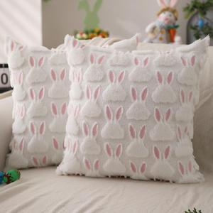 DFXSZ Easter Pillow Covers 18x18 inch Set of 2 Easter Decorations Pink Ears White Rabbit Soft Plush Faux Fur Jacquard Throw Pillows for Bedroom Sofa Holiday Festivals Home Decor FHJ-07D18 (18" x 18" (Pack of 2), White Pink)