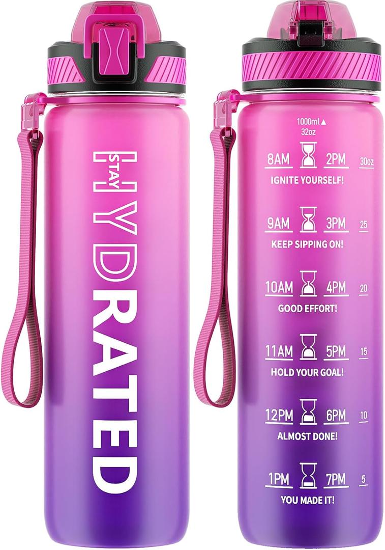 Water Bottle with Straw, 32oz Motivational Water Bottles with Time Marker to Drink, Tritan BPA Free, 1L Sports Water Bottle with Carry Strap LeakProof for Women Gym Fitness Outdoor (1 Pack) (33.8 Ounces, Purple Rose)