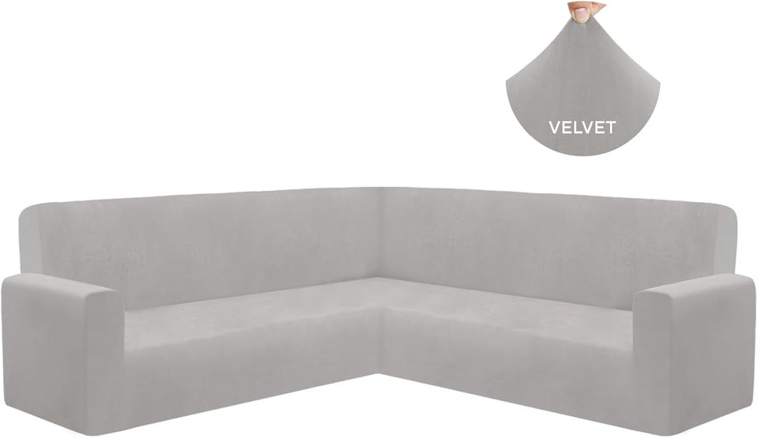 HDCAXKJ Velvet L Shaped Sectional Couch Covers Soft Stretch Sofa Slipcovers U Shaped Furniture Protector for Pets Fits Well Non-Slip Universal Corner Sofa Cover for Living Room (Light Gray, Large)