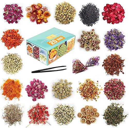 30 Bags Dried Flowers,100% Natural Dried Flowers Herbs Kit for Soap Making, DIY Candle Making,Bath - Include Rose Petals,Lavender,Don't Forget Me,Lilium,Jasmine,Rosebudsand More