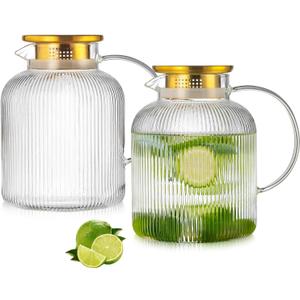 2 Liter 68 Ounces Glass Pitcher with Lid and Spout, Large Vertical Stripes Water Pitcher ribbed Borosilicate Glass Fridge Water Carafe for Cold Brew, Coffee, Lemonade, Sun Tea,Heat Resistant (Clear)