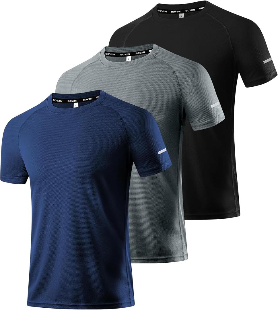 Men's 3 Pack Running Workout Shirts Short Sleeve T-Shirt Dry Fit Moisture Wicking Gym Athletic Shirts for Men Black/ Navy/ Dark Grey-3P04-2XL
