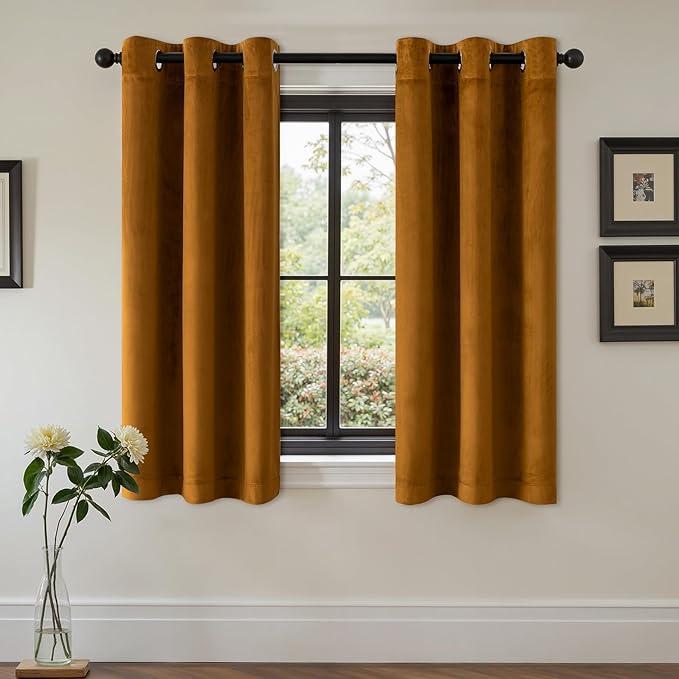 Velvet Curtains 45 Inch Length 2 Panels Set Room Darkening Luxury Grommet Thermal Insulated Soundproof Super Soft Window Drapes for Bedroom Living Room W40 x L45 Golden Brown