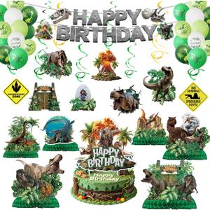 Dinosaur Birthday Decorations Dino World Party Decorations Tableware Set Include Dinosaur Balloons, Cake Topper, Hanging Swirls, Honeycomb, Banner Dino Party Supplies for Boys Kids Birthday Decor