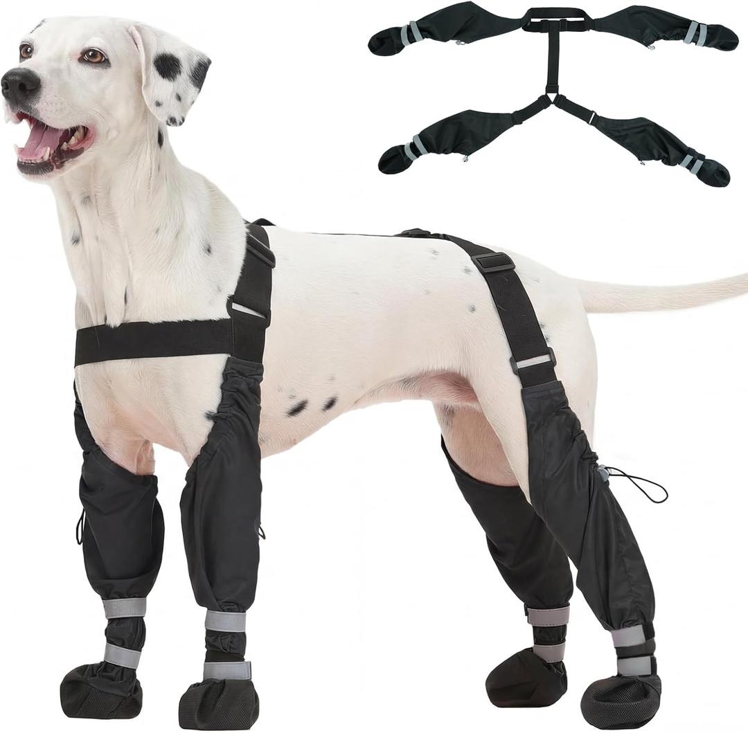 Pezluxe Dog Suspender Boots, Waterproof Anti-Slip Dog Rain Boots with Adjustable Strap for Small Medium Large Dogs, Reflective Paw Protector Pet Shoes for Outdoor Walking, Rain Snow Hiking, Black, L