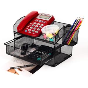 VANRA Desk Organizer Set Metal Mesh Desktop Telephone Stand with Pencil Cup Holder, 2 Piece Black (Black)