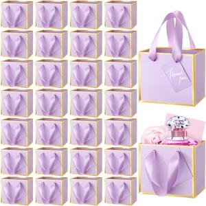 Yeaqee 50 Pcs Mini Metallic Paper Gift Bags with Handle 4x4.75x2.2'' Small Gift Bag DIY Tag Thank You Party Favor for Mother's Day Wedding Graduation Baby Shower Birthday Jewelry (Lavender,Gold)