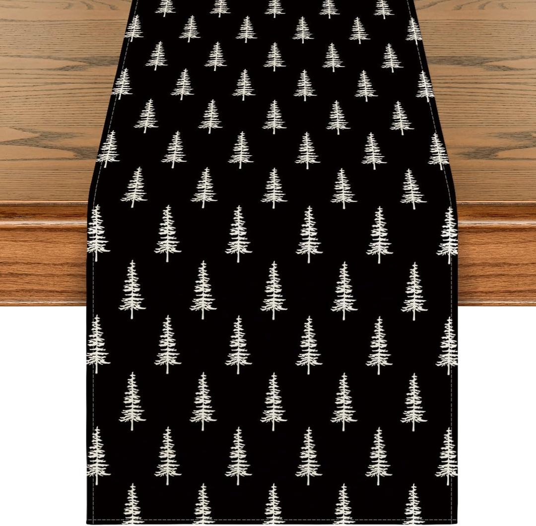 Artoid Mode Black Xmas Tree Christmas Table Runner, Seasonal Winter Kitchen Dining Table Decoration for Home Party Decor 13x72 Inch