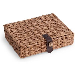 Decorative Box with Lid, Wicker Storage Basket, Water Hyacinth Woven Decorative box for Shelf, Coffee Table, Console Table, Home Decor (Large)
