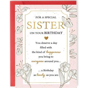 4 x Elegant Sister Birthday Card, Happy Birthday Gifts for Special Sister, Unique Bday Decorations for Women
