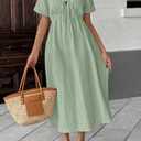 Chouyatou Women's Summer Boho V-Neck Cotton Tunic Dress Casual Loose Short Sleeve Midi Long Beach Dress (Green, XL)
