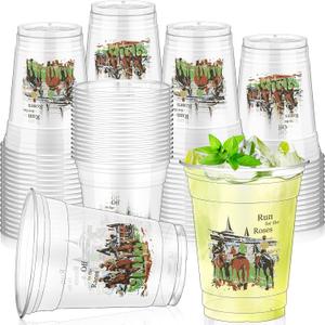 Pickmesh 100 Pcs Derby Plastic Cups Bulk 12 oz Derby Day Decorations, Run for The Roses, Horse Racing Disposable Tumblers Clear Mint Julep Cups for Horse Racing Party Favors Decorations
