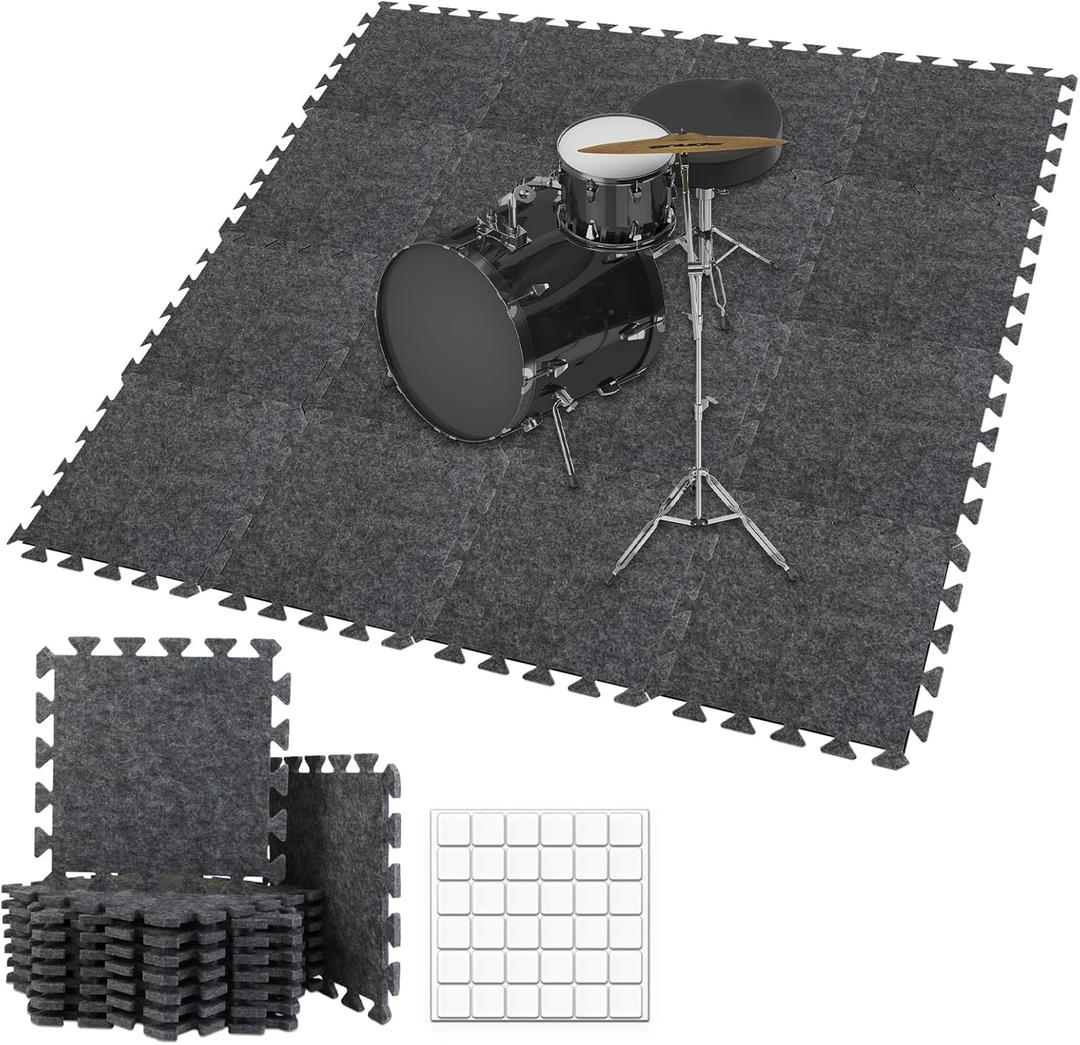 TroyStudio Thick Sound Absorbing Interlocking Floor Mats, 16 Pcs 11x 11 x 0.4 inches High Density Piano Carpet Drum Rug, Non-Slip Anti Vibration Soundproof Pads Acoustic Blankets for Music Studio, Medium