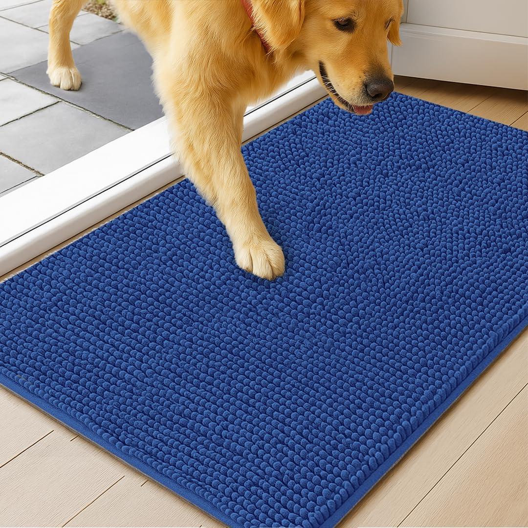 MudGuard Mat Dog Door Mat for Muddy Paws, Super Absorbent Microfiber, Non-Slip Indoor Mat, Quick Dry Chenille Mud Mat for Dogs & Entryway, Washable, Navy Blue 16" x 24"