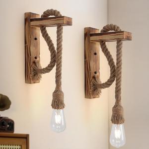 Farmhouse Wood Sconces Wall Lighting for Bedroom,Rustic Wall Mount Sconce with Wood Bracket & Adjustable Hemp Rope, Rustic Wall Lamp for Bedroom Entryway Hallway Living Room.