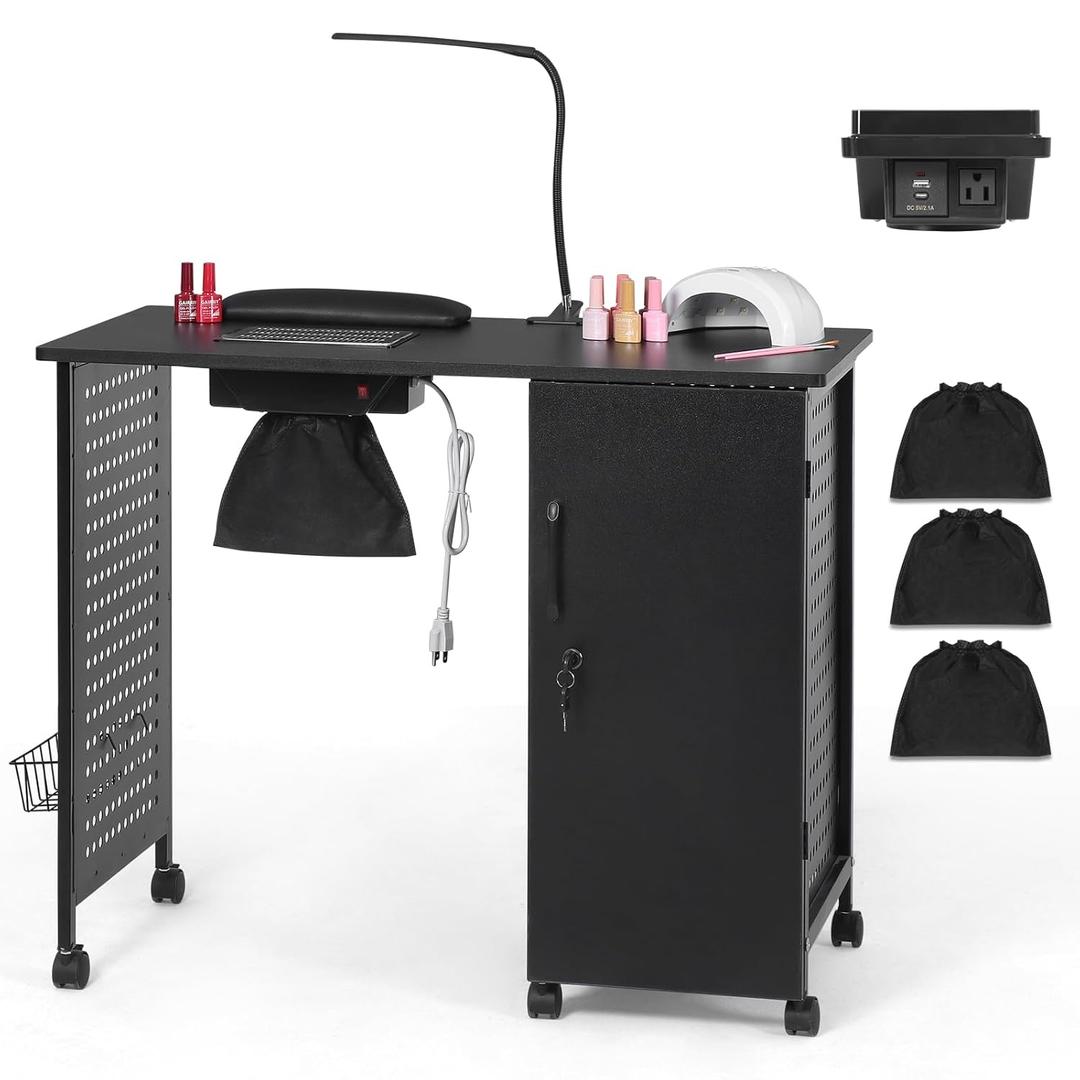 Nail Desk for Nail Tech Manicure Table with Dust Collector Charging Station, Nail Tech Table with 4 Storage Drawers, LED Lamp, Lockable Wheels, Nail Station for Home & Spa Salon, Black