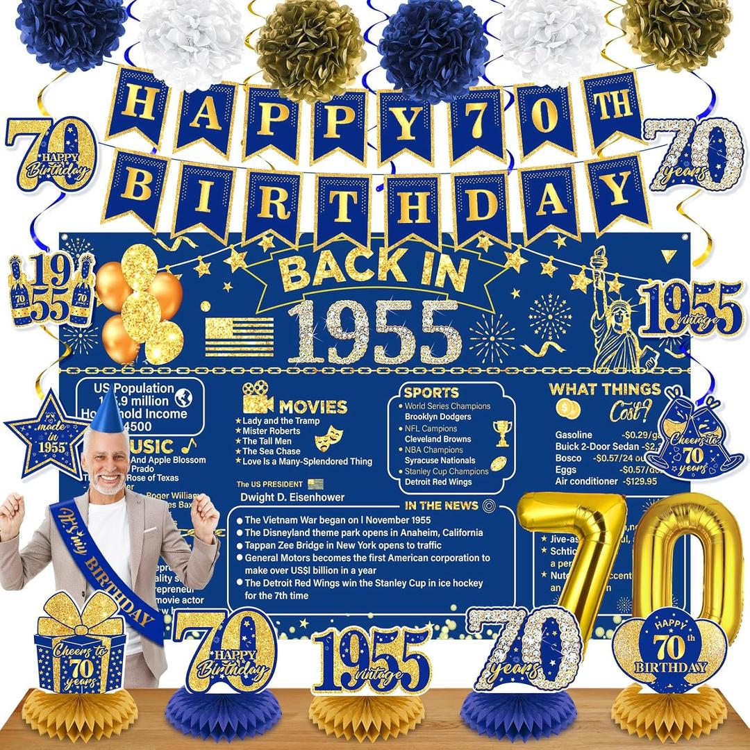 70th Birthday Decorations for Men Women Navy Blue Gold Vintage Back in 1955 Banner Happy 70th Birthday Honeycomb Centerpiece Hanging Swirls Sash Paper Pompoms Decor for Cheers to 70 Years Old Supplies