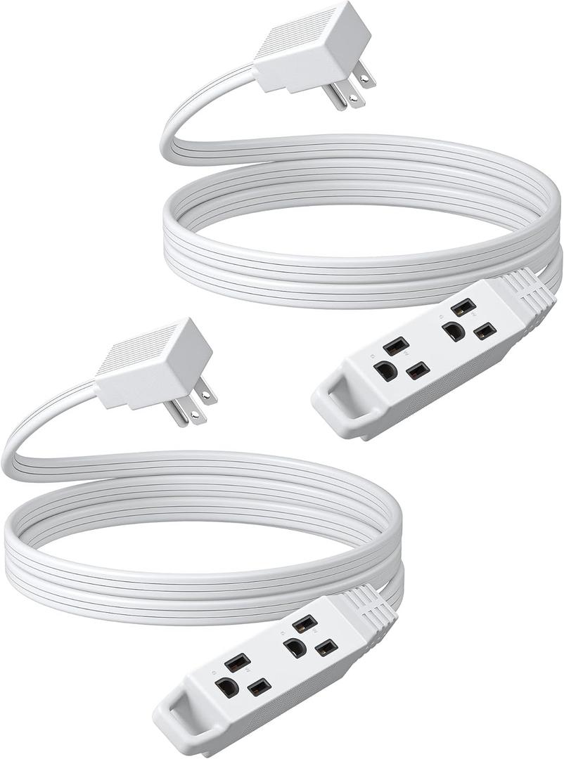 DEWENWILS 6FT Flat Plug Extension Cord Christmas, 3 Prong Ultra Thin Power Strip, 13A/125V/1625W, 16/3 Awg Grounded Flat Power Cable for Indoor Narrow Space, SPT-3 Cord, ETL Listed, White, 2 Pack
