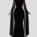 WISFRUIT Women Sexy Elegant Formal Mock Neck Flare Sleeve Mesh Evening Gowns Maxi Dress (Black, XL)