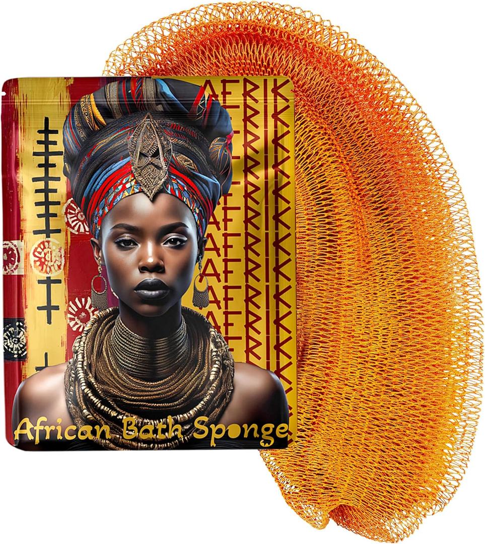 AFRIKI African Net Sponge  Exfoliating Body Scrubber, Black Owned & Rooted in Africa, All Skin Types | 45 in Long (Mustard)