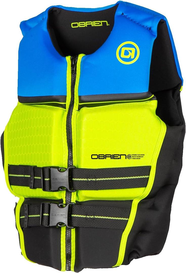 O'Brien Junior Lightweight V-Back Neoprene USCGA Life Jacket with Front Zip Closure for Boating and Water Sports, 28-32", For Over 90 Lbs, Blue/Green