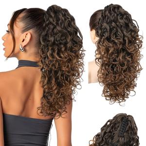 Flufymooz 100 Pure Protein Ponytail Extension, 18 Inch Curly Claw Clip Ponytail Hair Extensions Natural Soft pony tail hairpiece for women-Dark Almond Brown with Copper