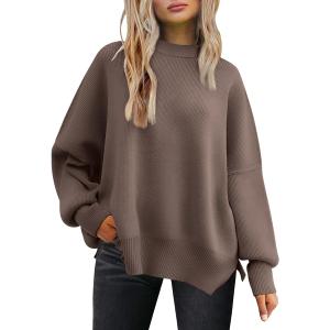 LILLUSORY Women's Oversized Batwing Sweaters 2026 Fall Outfits Trendy Crewneck Knit Side Slit Fashion Pullover Tops (Medium, Nutmeg)